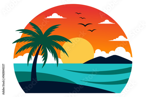 Sunset Beach Silhouette Vector Illustration Stunning Coastal Sunset Artwork