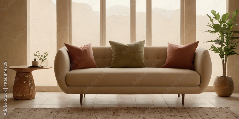 Beige sofa next to a stucco wall, facing a grid window. Modern living room interior design with a bohemian touch. Beige sofa next to a stucco wall, facing a grid window. Modern living room interior design with a bohemian touch.