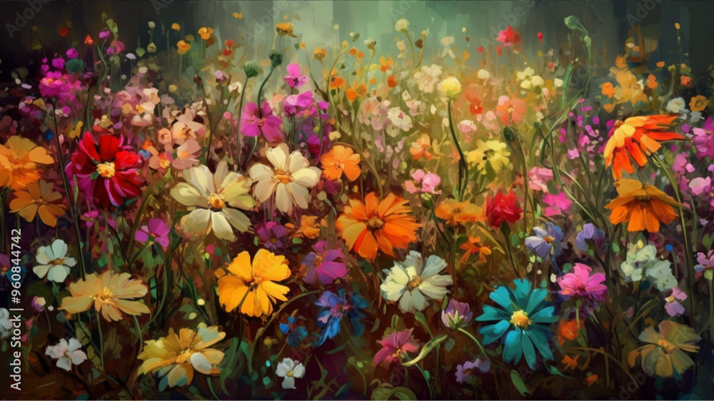 A beautiful field of blooming flowers in various colors, like a vibrant painting. A beautiful field of blooming flowers in various colors, like a vibrant painting.