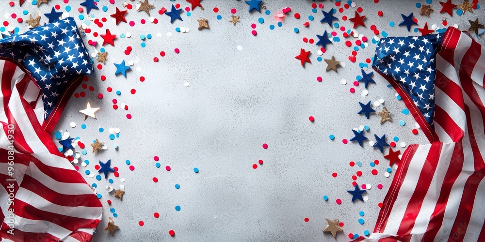 Obraz premium Patriotic Festive Celebration Background with Flags and Star-Shaped Confetti