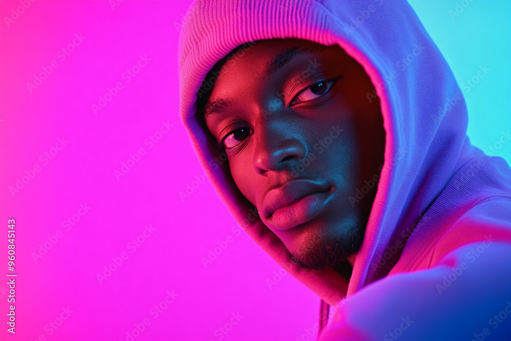 Men Neon Purple Hoodie with Solid Neon Coral Fashionable Lifestyle Portrait with Bold Neon Background for a Contemporary and Trendy Appearance Men Neon Purple Hoodie with Solid Neon Coral Fashionable Lifestyle Portrait with Bold Neon Background for a Contemporary and Trendy Appearance