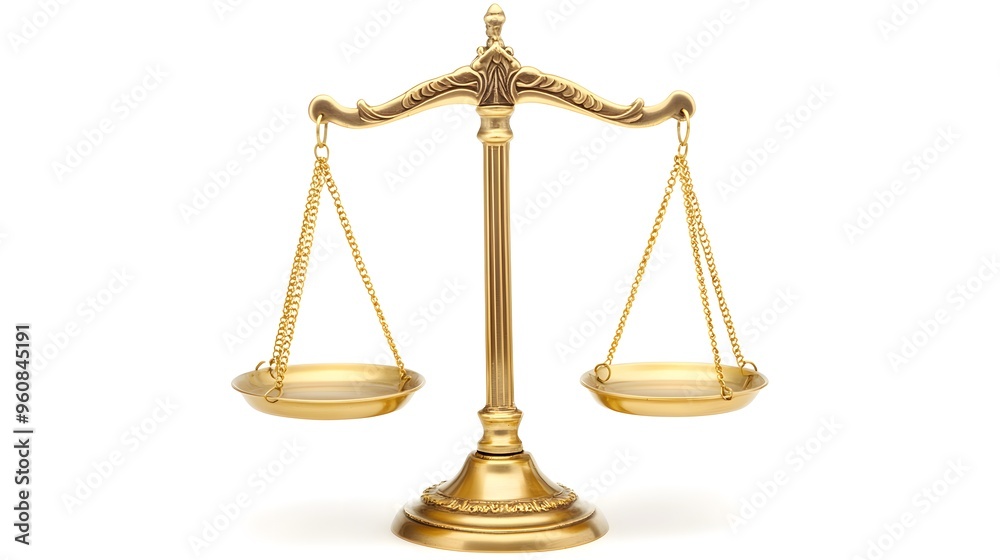 Golden Scales of Justice isolated on a white background, representing fairness, law, balance, and equality.Ideal for legal, judicial, or business-related concepts Golden Scales of Justice isolated on a white background, representing fairness, law, balance, and equality.Ideal for legal, judicial, or business-related concepts