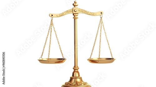 Golden Scales of Justice isolated on a white background, representing fairness, law, balance, and equality.Ideal for legal, judicial, or business-related concepts photo