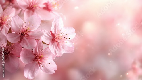 Soft pink cherry blossoms with a blurred pink background.