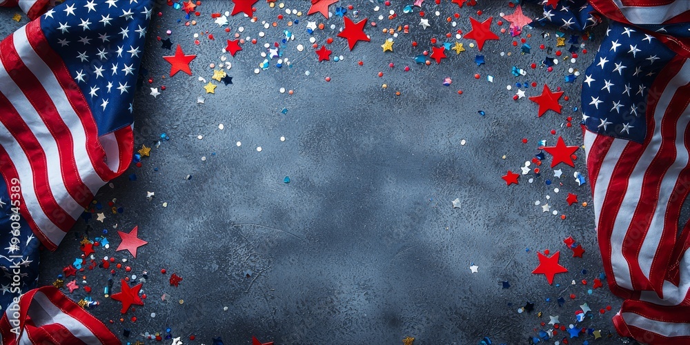 Fototapeta premium Patriotic American Celebration with Flags, Confetti and Stars