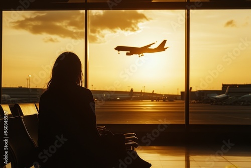 travel by plane, woman passenger waiting in airport, silhouette of passenger watching aircraft taking off