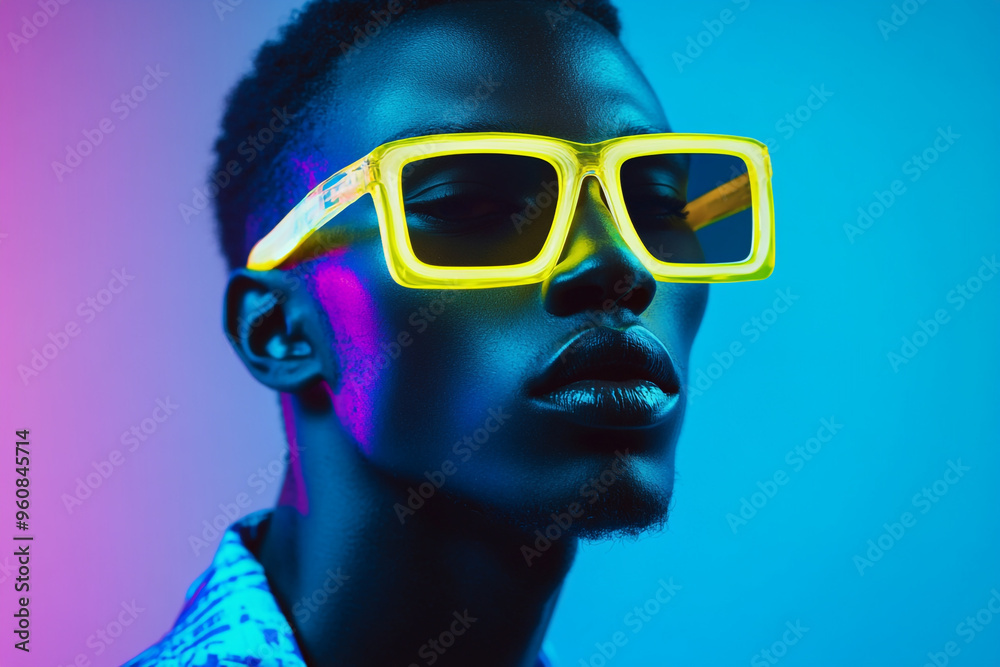 Trendy Mens Neon Yellow Eyewear with Solid Neon Blue Fashion Portrait with a Striking Neon Background Trendy Mens Neon Yellow Eyewear with Solid Neon Blue Fashion Portrait with a Striking Neon Background