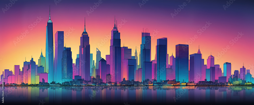 Obraz premium Illustrative color illustration of a cityscape or skyline of a distant city in a graphic style