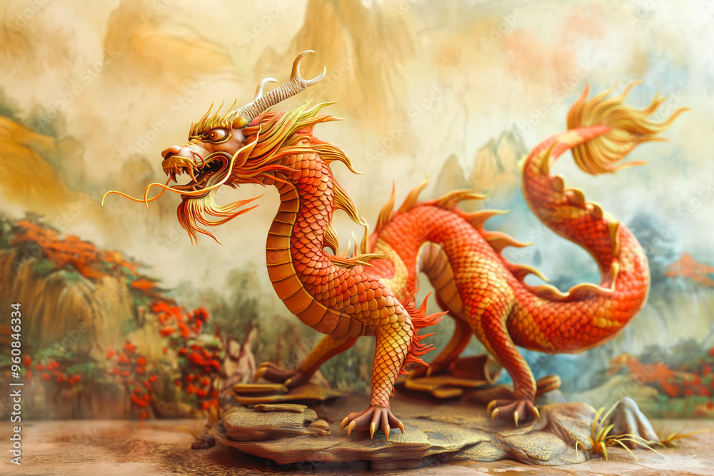 Obraz premium chinese new year, chinese style dragon statue, iconic dragon, wallpaper dragon, red dragon, dragon wood, ilstration dragon, sio naga, imlek tahun baru