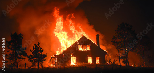 A countryside home ablaze at night, fire spreading to surrounding trees, dark sky illuminated by flames, dense smoke clouds filling the air