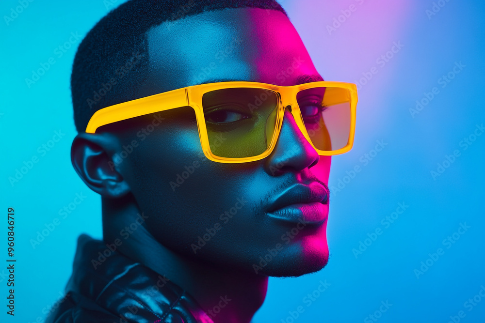 Fashionable Mens Neon Yellow Eyewear with Solid Neon Blue Modern Lifestyle Portrait with a Striking Neon Background
