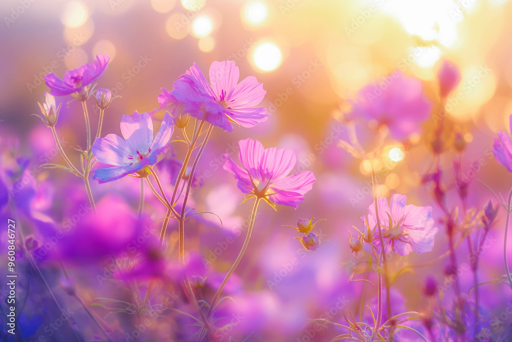 Close-up of purple flowers growing on field during sunset Close-up of purple flowers growing on field during sunset