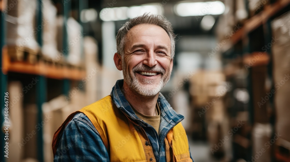 Smiling portrait of a happy middle aged warehouse worker or manager working in a warehouse Smiling portrait of a happy middle aged warehouse worker or manager working in a warehouse