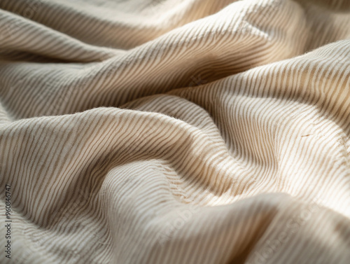 seersucker pants folded neatly, emphasizing the puckered texture and stripe pattern, soft evening light photo