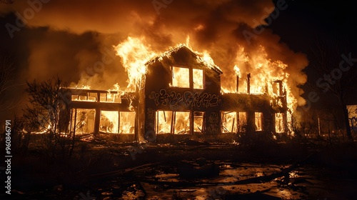 A dilapidated house engulfed in flames at night, graffiti scrawled across the crumbling walls, thick smoke rising into the dark sky, intense fire photo