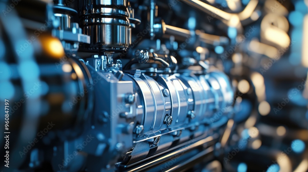 Fototapeta premium Closeup of detailed industrial engine with metallic parts and machinery elements