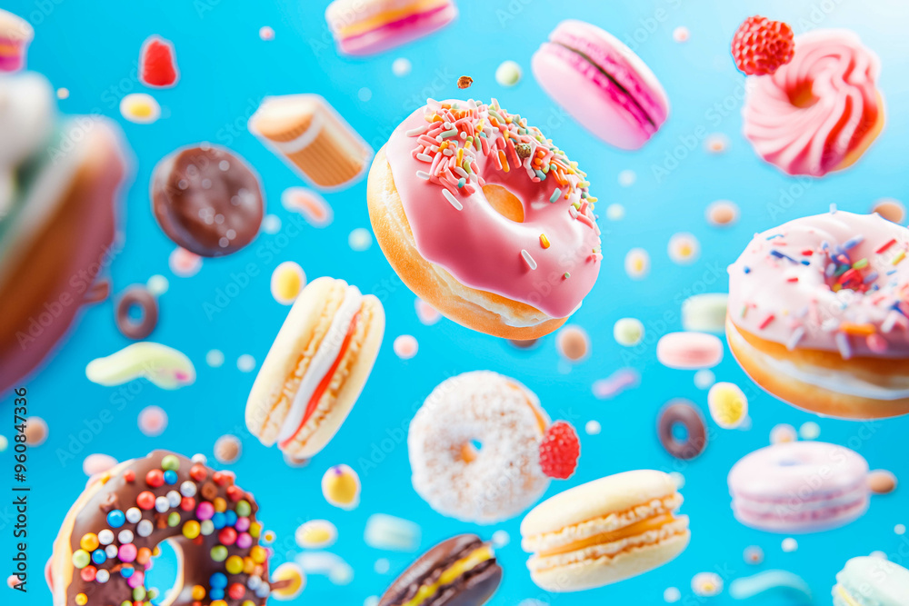 Confectionery and sweets collage. Donuts, cupcakes, cookies, macaroons flying over blue background. Confectionery and sweets collage. Donuts, cupcakes, cookies, macaroons flying over blue background.