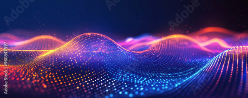 Abstract background with colorful glowing lights and wave lines on a dark blue background, data visualization of a financial