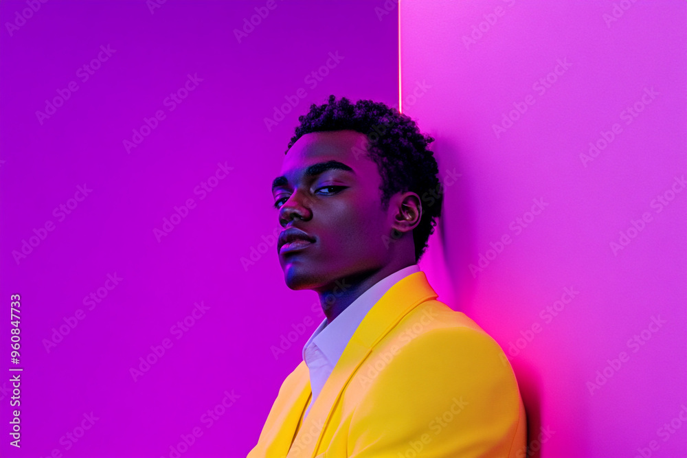 Chic Mens Bright Yellow Blazer with Solid Neon Purple Fashionable Portrait Featuring a Bold Neon Background Chic Mens Bright Yellow Blazer with Solid Neon Purple Fashionable Portrait Featuring a Bold Neon Background