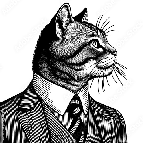 Elegant cat wearing a suit in profile, detailed black and white sketch. Vector, generative ai.