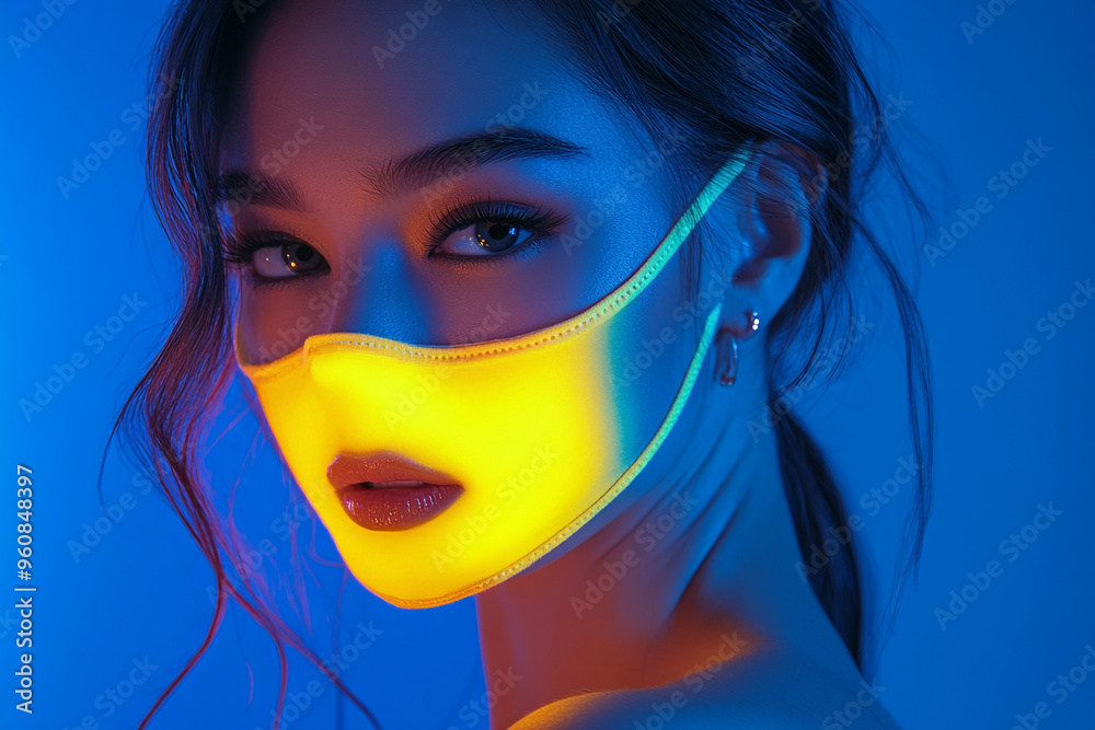 Trendy Womans Neon Yellow Face Mask with Solid Neon Blue Chic Portrait Featuring a Striking Neon Fashion Background
