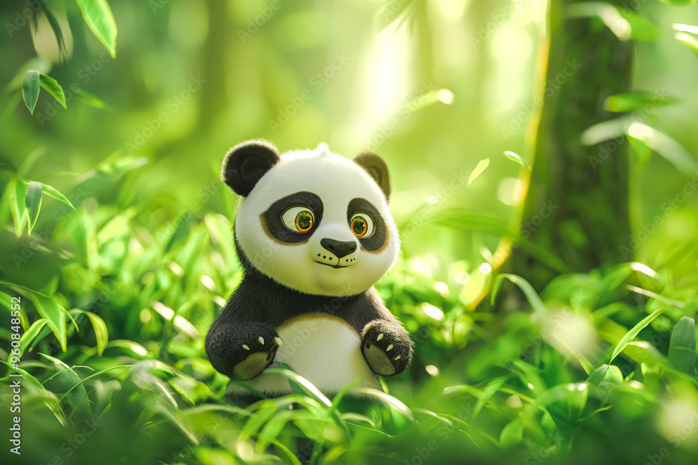 Naklejka premium a cute adorable baby panda stands in nature in the style of children-friendly cartoon animation fantasy 3D style Illustration