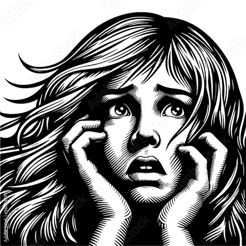 Portrait of a frightened woman in black and white woodcut style. Vector, generative ai.