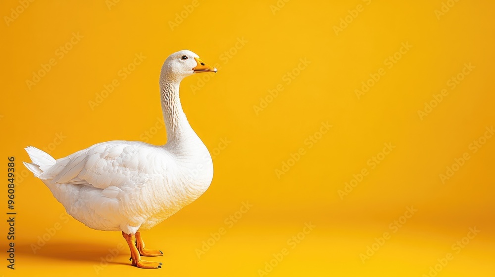 Fototapeta premium White goose standing against bright yellow background
