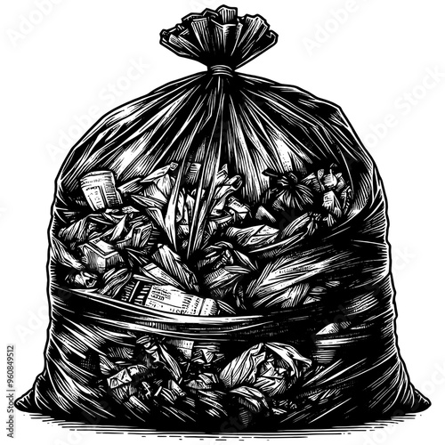 Black and white illustration of a garbage bag filled with trash. Vector, generative ai.