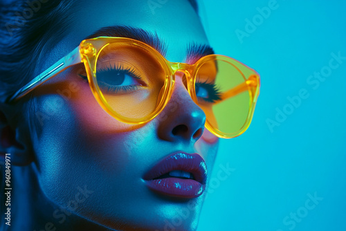 Wallpaper Mural Trendsetting Womans Neon Yellow Eyewear with Solid Neon Blue Background Fashionable Lifestyle Portrait with Modern Appeal Torontodigital.ca