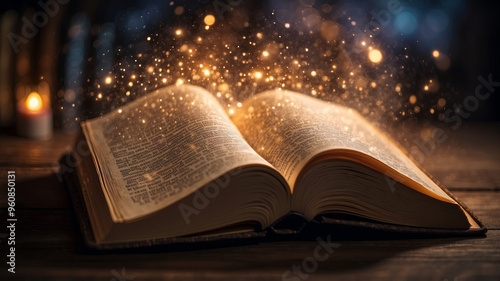 A book of magic with a bright magical glow, creating an atmosphere of wizardry and fantasy