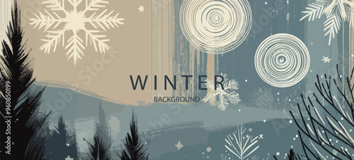Abstract art winter minimalistic background with brush texture and flying snowflakes. Christmas background. Hand-painted natural art with glowing elements . Winter border with landscape