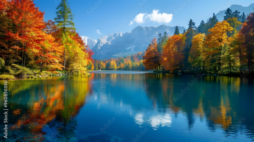 Fototapeta premium Treglao National Park. Kranjka Gora, Slovenia. Amazing view with mountain lake and colorful trees