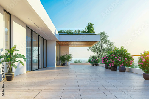 Empty outdoor roof terrace with potted plants in minimal style