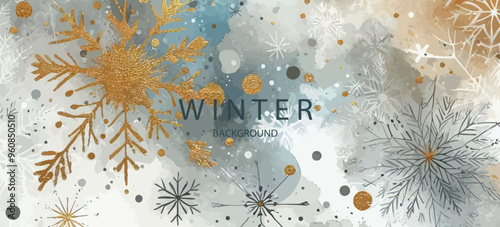 Abstract art winter minimalistic background with brush texture and flying snowflakes. Christmas background. Hand-painted natural art with glowing elements . Winter border with landscape