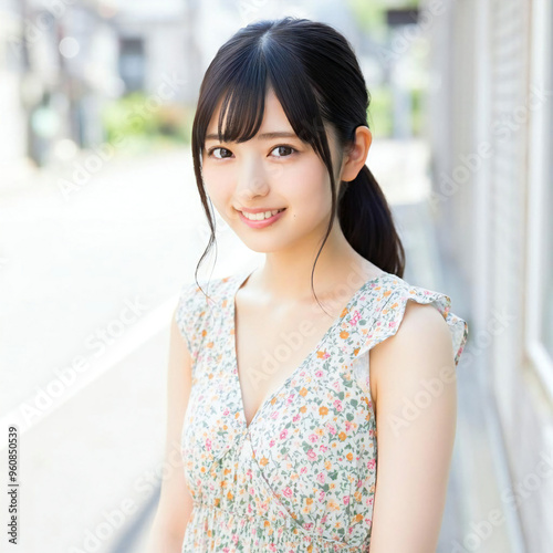 Cute Japanese woman in her 20s, shy smile, face in love