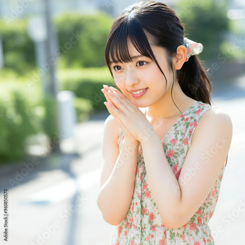 Cute Japanese woman in her 20s, shy smile, face in love