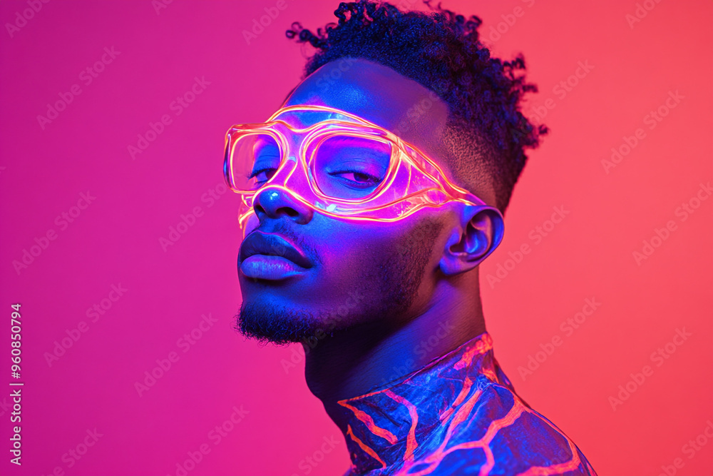 Modern Mens Neon Purple Face Mask with Solid Neon Coral Background Trendy Fashion Lifestyle Portrait with Vibrant Colors Modern Mens Neon Purple Face Mask with Solid Neon Coral Background Trendy Fashion Lifestyle Portrait with Vibrant Colors