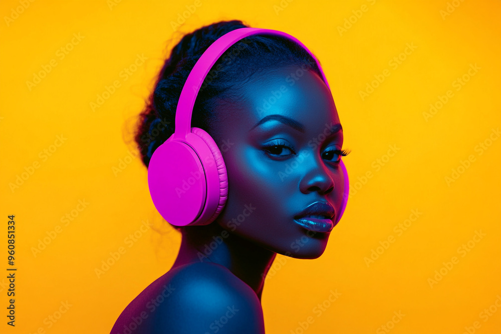 Trendy Womans Neon Pink Headphones with Solid Neon Yellow Background Fashionable Lifestyle Portrait with Bold Appeal Trendy Womans Neon Pink Headphones with Solid Neon Yellow Background Fashionable Lifestyle Portrait with Bold Appeal