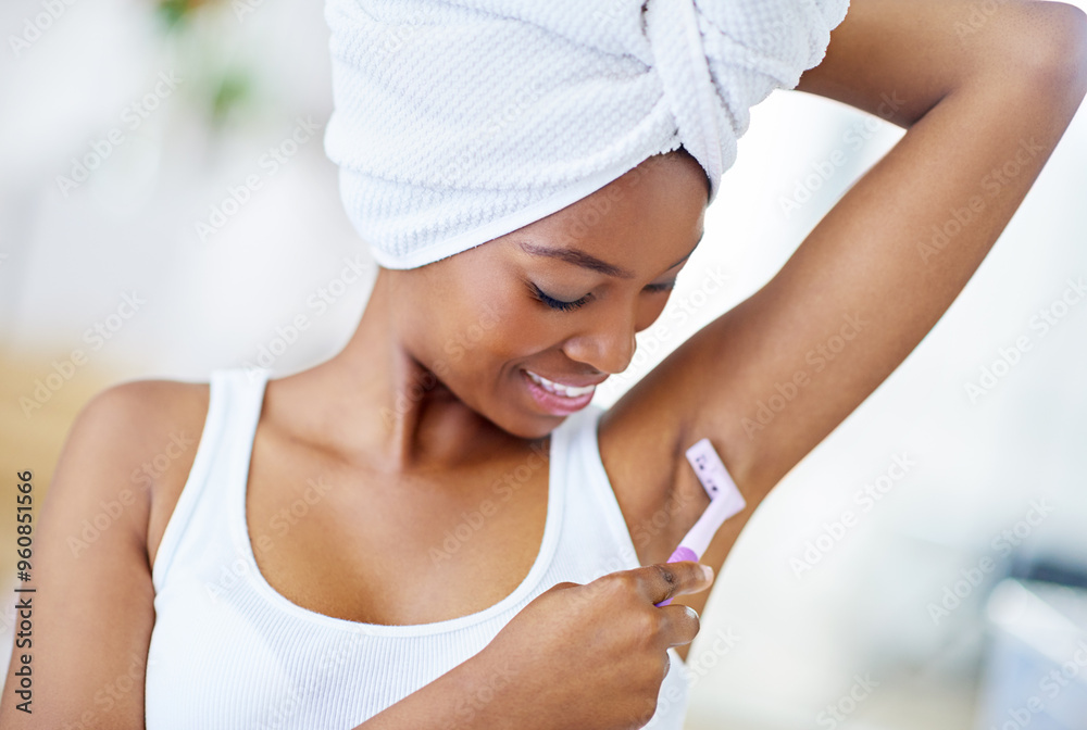 Skincare, smile and black woman shaving armpit in bathroom, getting ready and smooth skin with razor. Morning routine, hygiene and girl with underarm hair removal product, towel or cosmetics in home Skincare, smile and black woman shaving armpit in bathroom, getting ready and smooth skin with razor. Morning routine, hygiene and girl with underarm hair removal product, towel or cosmetics in home