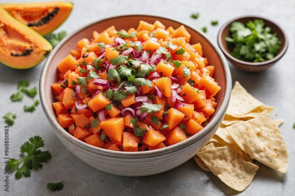 Papaya Salsa: Overhead view of a bowl of vibrant papaya salsa with diced papaya, red onions, and cilantro, with a few tortilla chips placed nearby on a plain white surface. Papaya Salsa: Overhead view of a bowl of vibrant papaya salsa with diced papaya, red onions, and cilantro, with a few tortilla chips placed nearby on a plain white surface.
