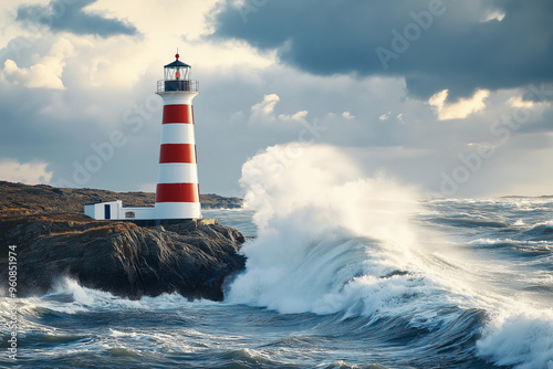 Obraz na płótnie a red and white striped lighthouse on a rock with sea waves crashing against it, geneative AI w salonie