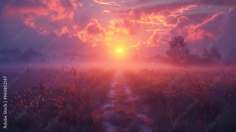 Sun Setting Over a Misty Field: A Serene Landscape Sun Setting Over a Misty Field: A Serene Landscape