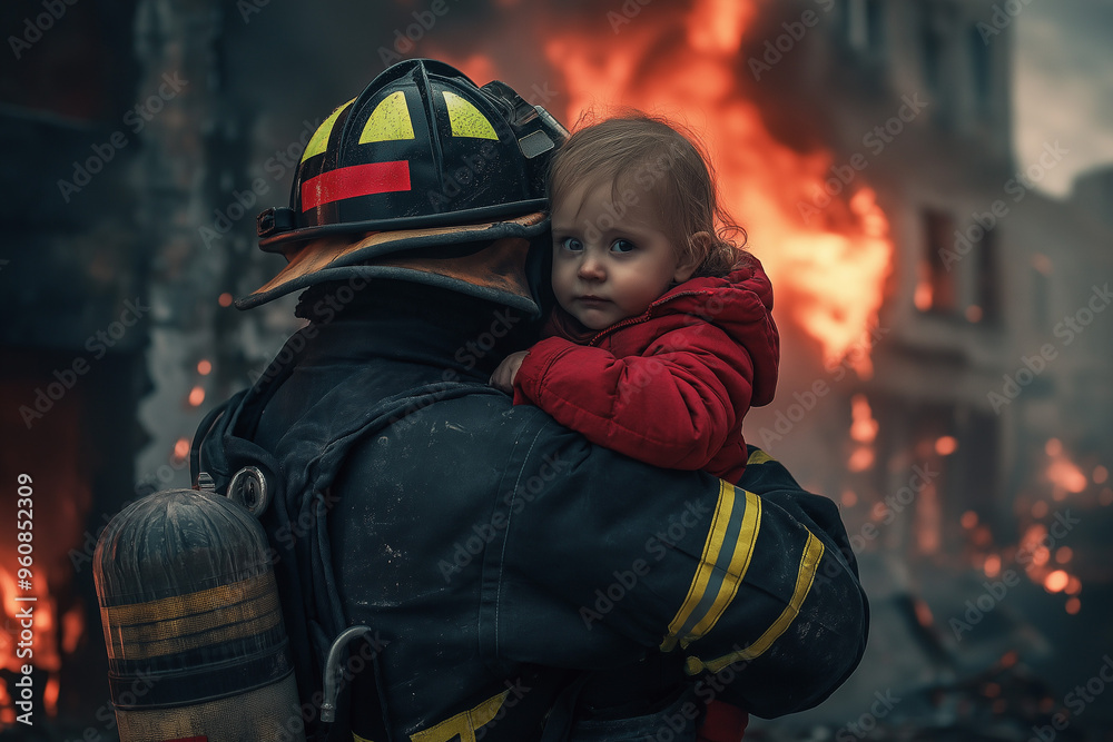 heroic firefighter saves a small child from flames of a burnt building, generative AI heroic firefighter saves a small child from flames of a burnt building, generative AI