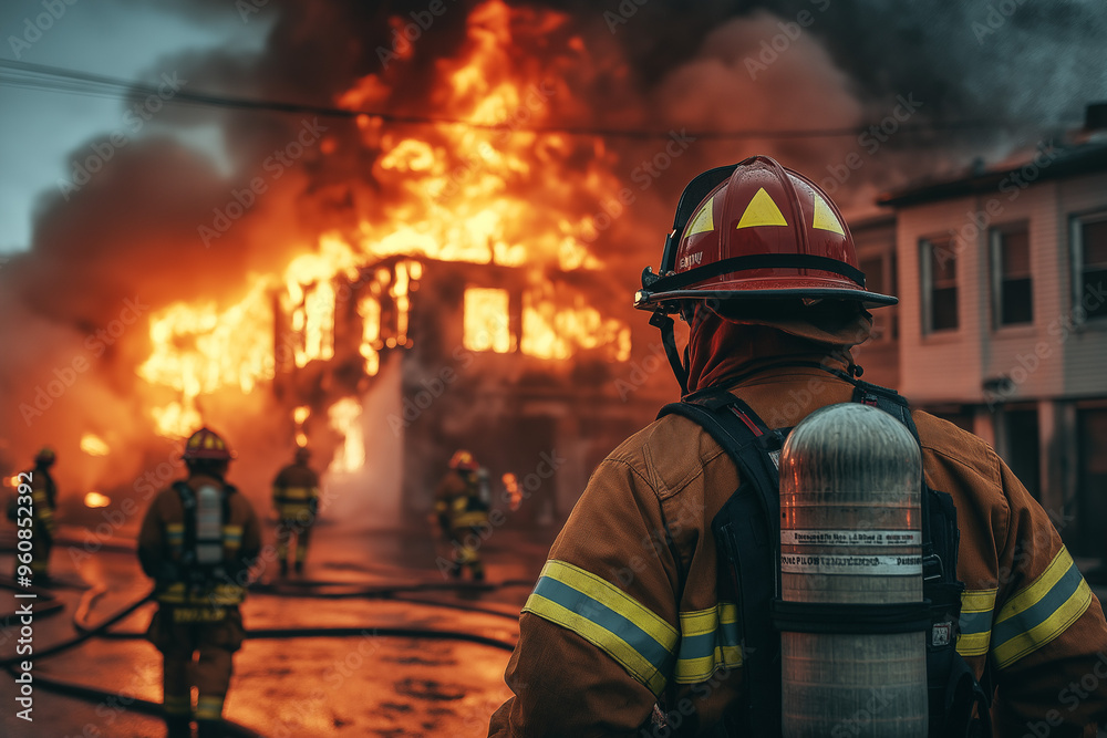 firefighter in front of other firefighters extinguishing a building fire, generative AI