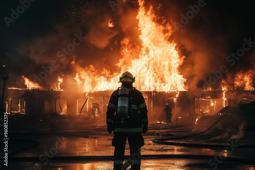 firefighter in front of other firefighters extinguishing a building fire, generative AI