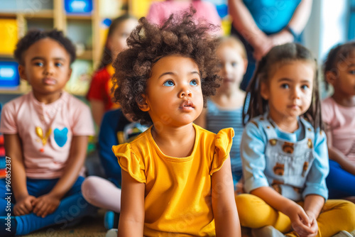 Group of small nursery school children sitting and listening to teacher on floor indoors in classroom.