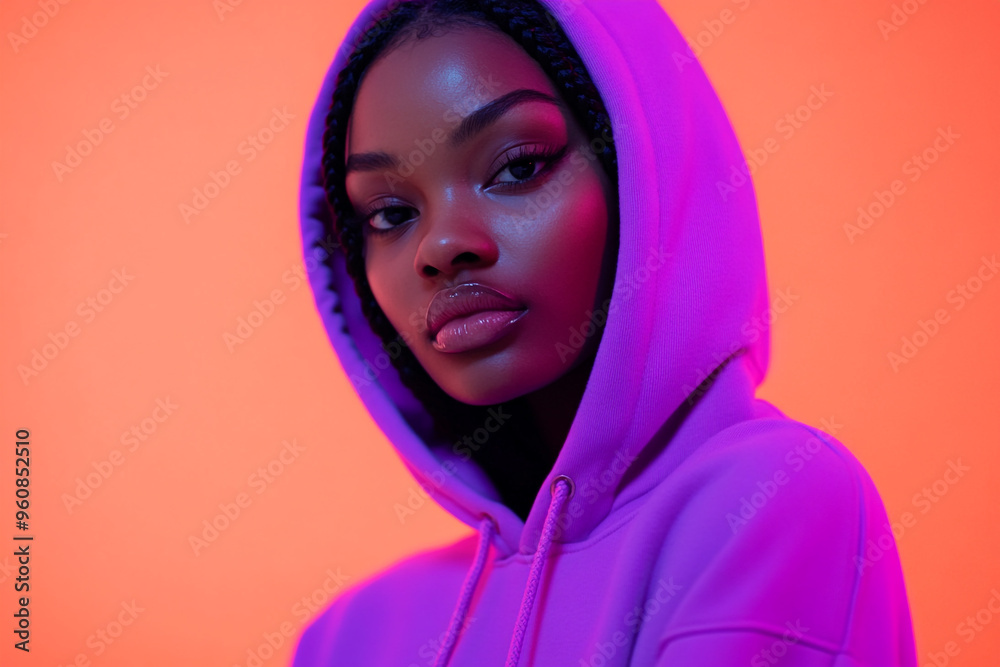 Trendy Woman in Neon Purple Hoodie with Solid Neon Coral Background Vibrant Fashion Lifestyle Portrait with Modern Appeal Trendy Woman in Neon Purple Hoodie with Solid Neon Coral Background Vibrant Fashion Lifestyle Portrait with Modern Appeal
