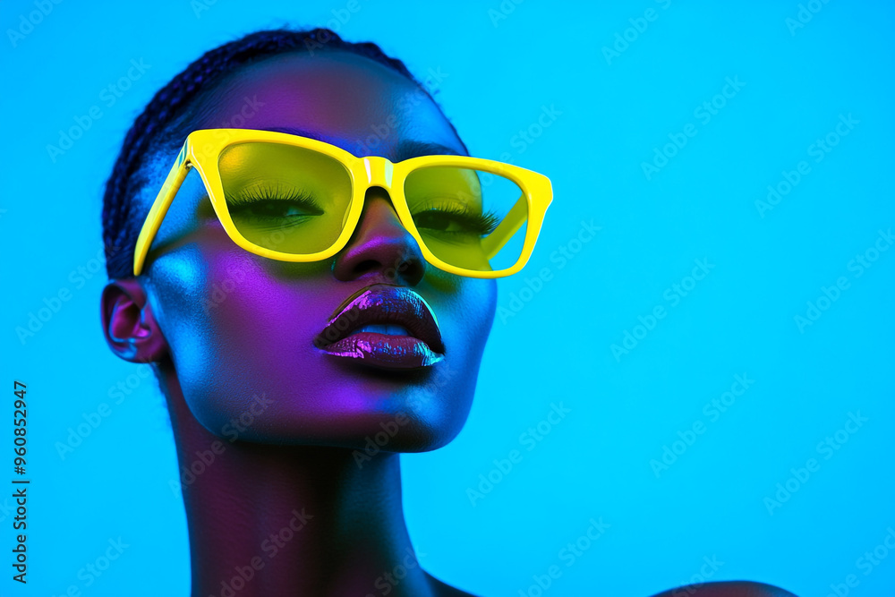 Fashion Portrait of Woman in Neon Yellow Eyewear with Solid Neon Blue Background Trendsetting Lifestyle Look with Modern Appeal Fashion Portrait of Woman in Neon Yellow Eyewear with Solid Neon Blue Background Trendsetting Lifestyle Look with Modern Appeal