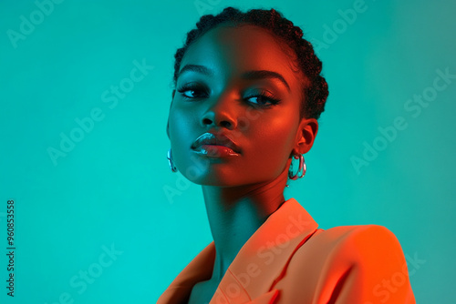 Stylish Woman in Neon Orange Blazer with Solid Neon Teal Background Trendsetting Fashion Portrait with Bold Style